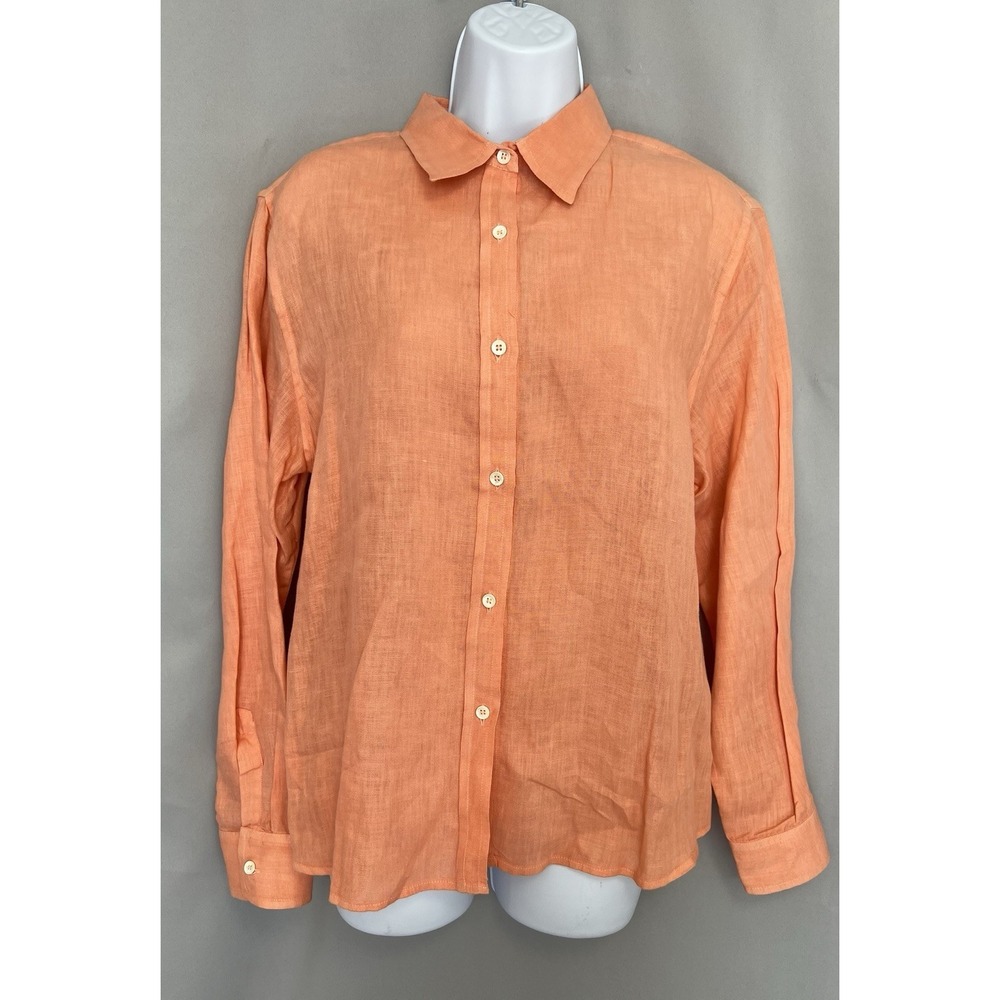 120% Lino Women's 44(12) Casual Linen Button‎ Up Blouse Orange Top 120 Lino Top